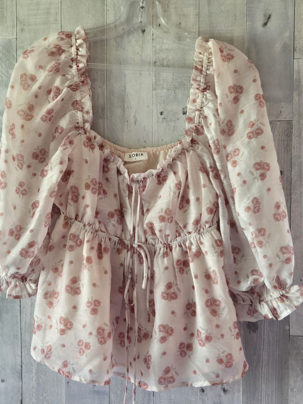 Storia Girlcore Soft Pink Rose Pattern Peasant Feminine Blouse size Small